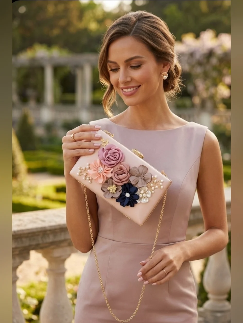 Amaze Floral 3D Embellished Box Clutch - Blush Pink & Gold